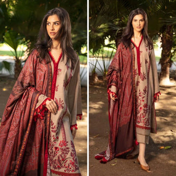 3- Piece Embroidered Dhanak Dress with Shawl