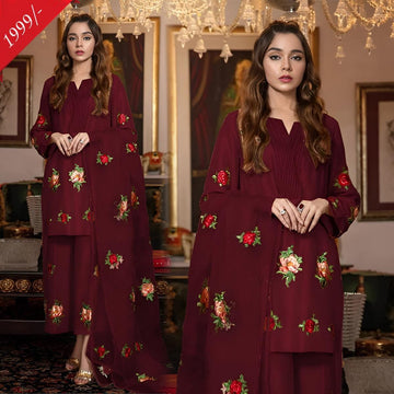 Summer Embroidered 3-piece  mehroon