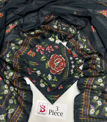 Black Floral Lawn 3 Piece