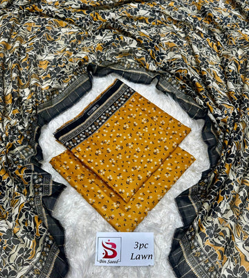 Yellow and Black Shredded Lawn 3 Piece