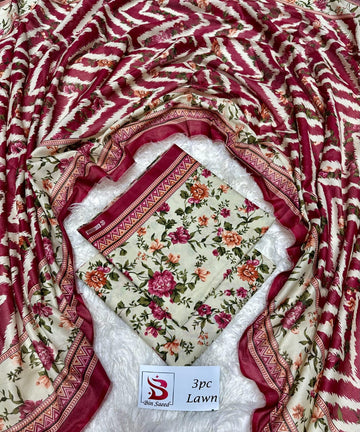 Red and Off-White Red Lawn 3 Piece