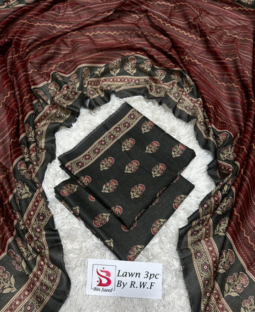 Black with Red Floral Lawn 3 Piece