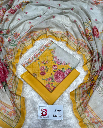 Yellow and Off-White Lawn 3 Piece