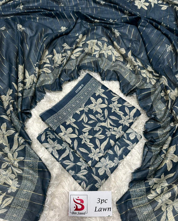 Dark Blue Floral Lawn 3 Piece