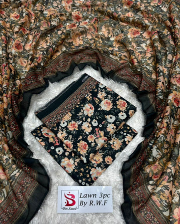 Black Floral Lawn 3 Piece