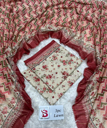 Off-White Pink Floral Lawn 3 Piece