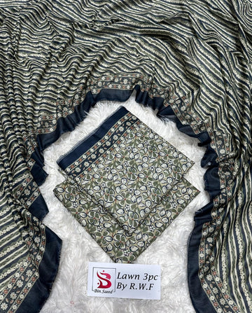 Greenish Off-White Floral Lawn 3 Piece