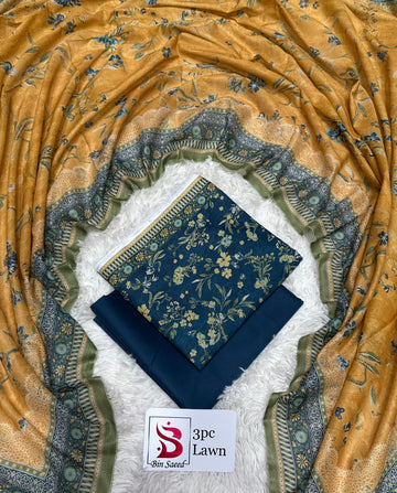 Navy Blue Floral Lawn 3 Piece