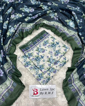 Dark Blue and White Lawn 3 Piece