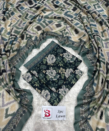 Green and Cream Floral Lawn 3 Piece